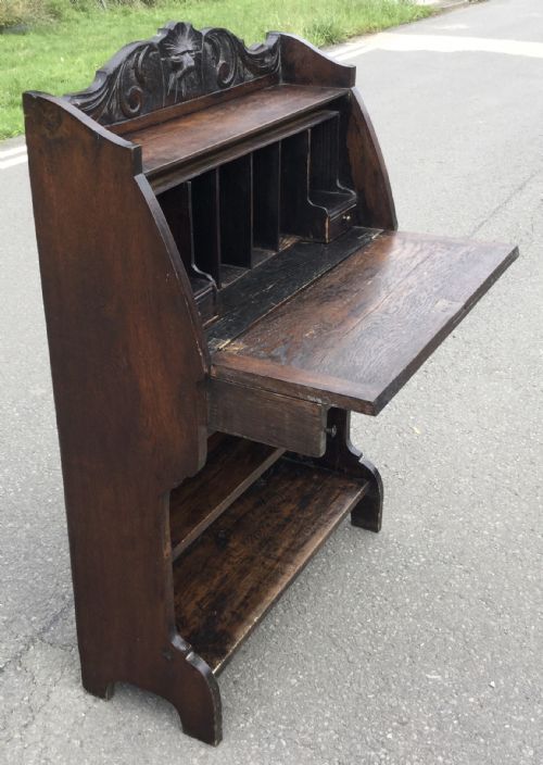 VICTORIAN CARVED OAK NARROW BUREAU - ADDITIONAL PHOTO 10