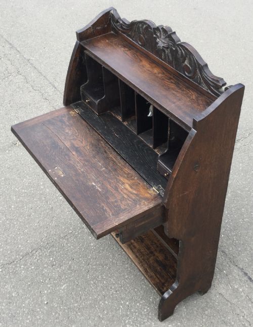 VICTORIAN CARVED OAK NARROW BUREAU - ADDITIONAL PHOTO 11