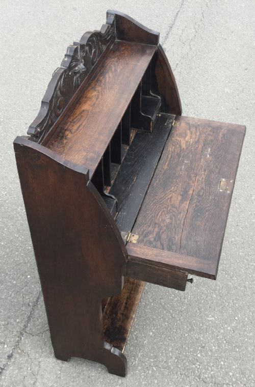 VICTORIAN CARVED OAK NARROW BUREAU - ADDITIONAL PHOTO 13