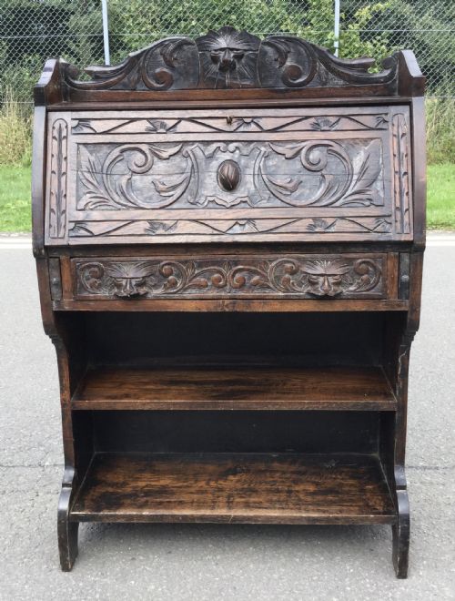 VICTORIAN CARVED OAK NARROW BUREAU - ADDITIONAL PHOTO 14