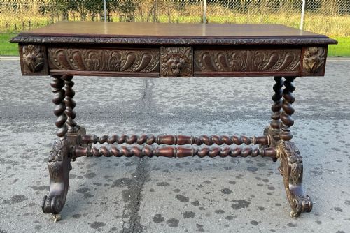 VICTORIAN CARVED OAK WRITING TABLE - ADDITIONAL PHOTO 6