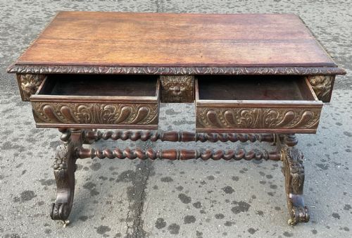 VICTORIAN CARVED OAK WRITING TABLE - ADDITIONAL PHOTO 8