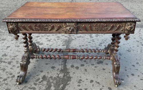 VICTORIAN CARVED OAK WRITING TABLE - ADDITIONAL PHOTO 12
