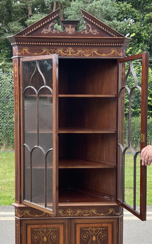 EDWARDIAN INLAID MAHOGANY STANDING CORNER CUPBOARD - ADDITIONAL PHOTO 9