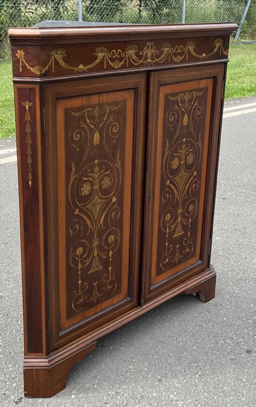 EDWARDIAN INLAID MAHOGANY STANDING CORNER CUPBOARD - ADDITIONAL PHOTO 11
