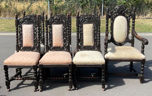 Set of Seven Victorian Dark Carved Oak Dining Chairs