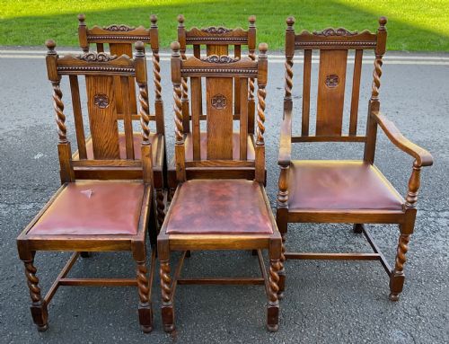 Set of Five Oak Barley Twist Dining Chairs