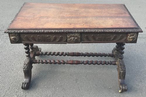 VICTORIAN CARVED OAK WRITING TABLE - ADDITIONAL PHOTO 1