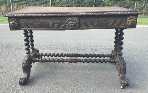 VICTORIAN CARVED OAK WRITING TABLE - ADDITIONAL PHOTO 2