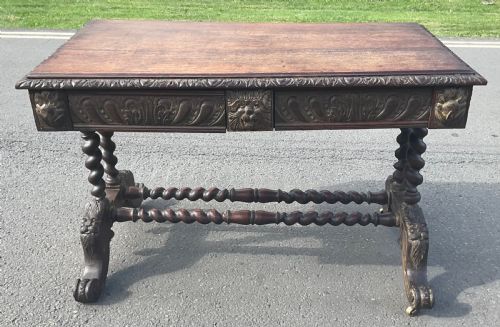 VICTORIAN CARVED OAK WRITING TABLE - ADDITIONAL PHOTO 7