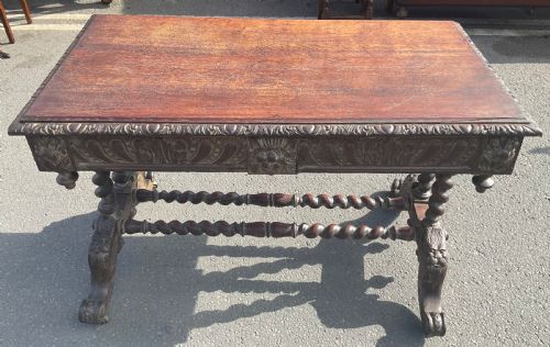 VICTORIAN CARVED OAK WRITING TABLE - ADDITIONAL PHOTO 10