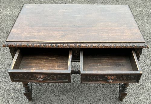 VICTORIAN CARVED OAK WRITING TABLE - ADDITIONAL PHOTO 4