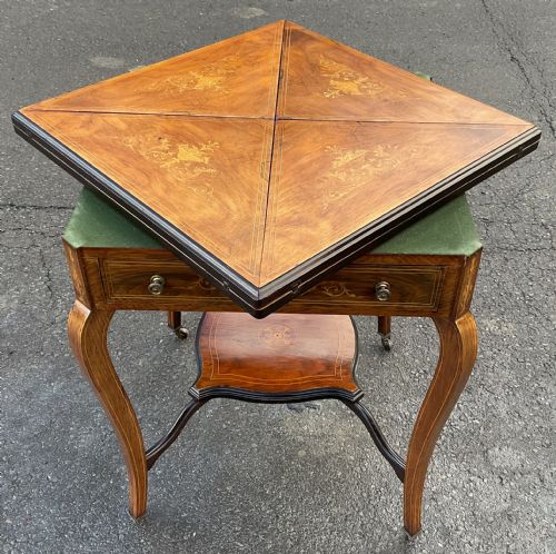 EDWARDIAN INLAID MAHOGANY ENVELOPE CARD TABLE - ADDITIONAL PHOTO 4