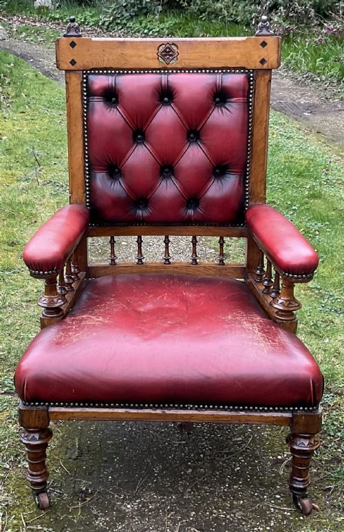 VICTORIAN GOTHIC OAK LEATHER ARMCHAIR - ADDITIONAL PHOTO 1