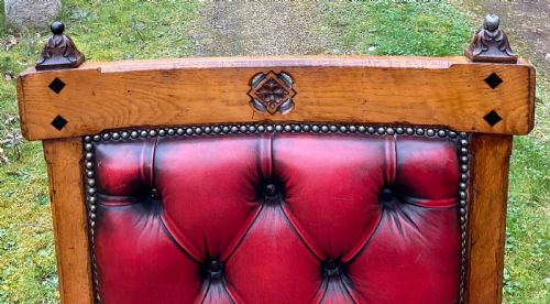 VICTORIAN GOTHIC OAK LEATHER ARMCHAIR - ADDITIONAL PHOTO 2