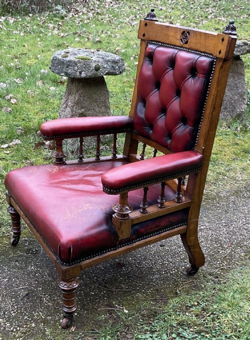 VICTORIAN GOTHIC OAK LEATHER ARMCHAIR - ADDITIONAL PHOTO 3