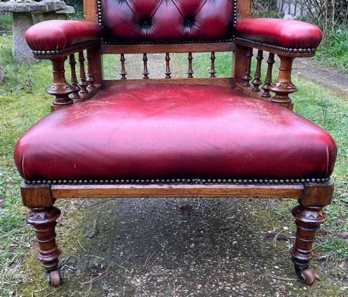VICTORIAN GOTHIC OAK LEATHER ARMCHAIR - ADDITIONAL PHOTO 4