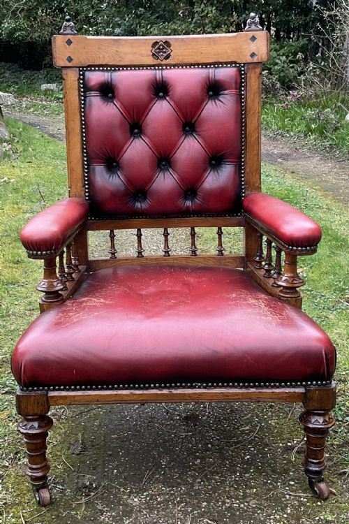 VICTORIAN GOTHIC OAK LEATHER ARMCHAIR - ADDITIONAL PHOTO 5