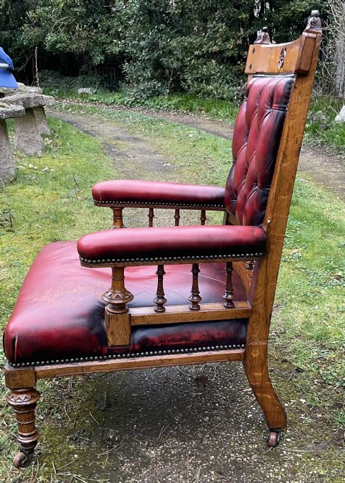 VICTORIAN GOTHIC OAK LEATHER ARMCHAIR - ADDITIONAL PHOTO 6