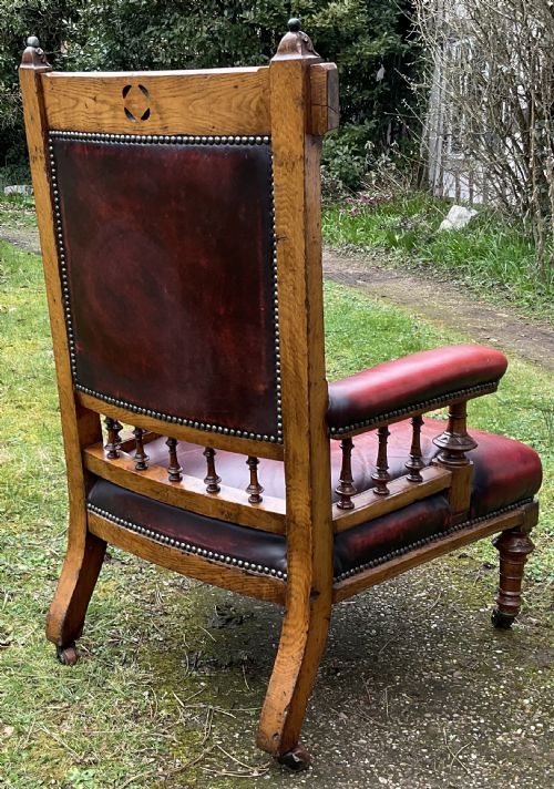 VICTORIAN GOTHIC OAK LEATHER ARMCHAIR - ADDITIONAL PHOTO 8