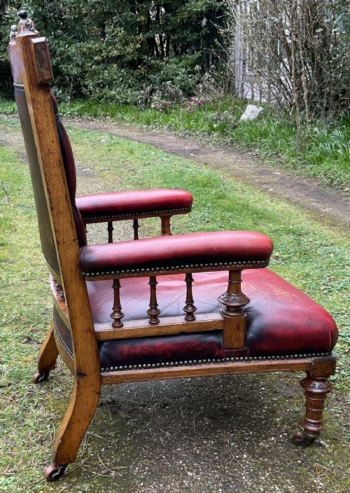 VICTORIAN GOTHIC OAK LEATHER ARMCHAIR - ADDITIONAL PHOTO 9