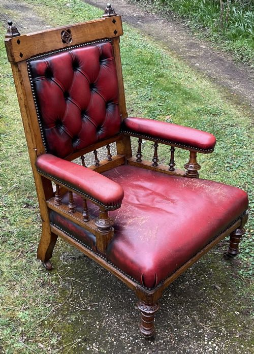 VICTORIAN GOTHIC OAK LEATHER ARMCHAIR - ADDITIONAL PHOTO 10