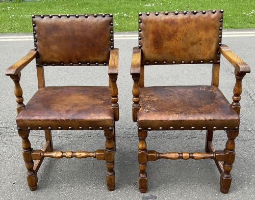 Pair Cromwellian Style Leather Carver Armchairs