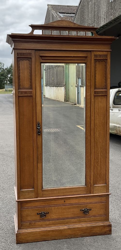 Edwardian Oak Mirror Door Hanging Wardrobe