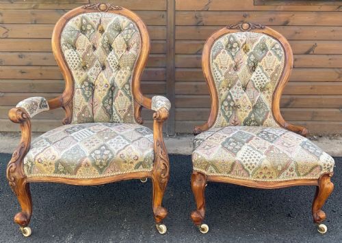 PAIR VICTORIAN WALNUT SALON CHAIRS - ADDITIONAL PHOTO 1