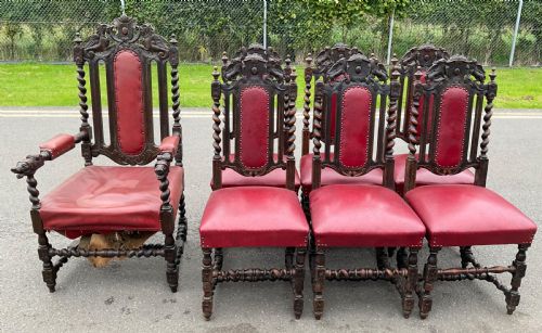 Set of Seven Victorian Carved Oak Dining Chairs