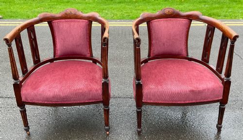 Pair Edwardian Inlaid Mahogany Tub Armchairs