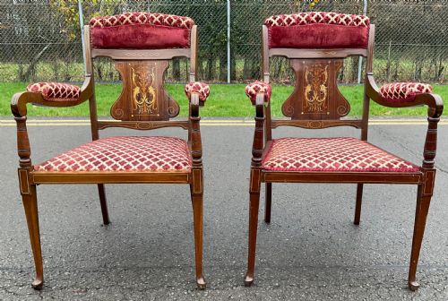 Edwardian Inlaid Mahogany Salon Armchairs