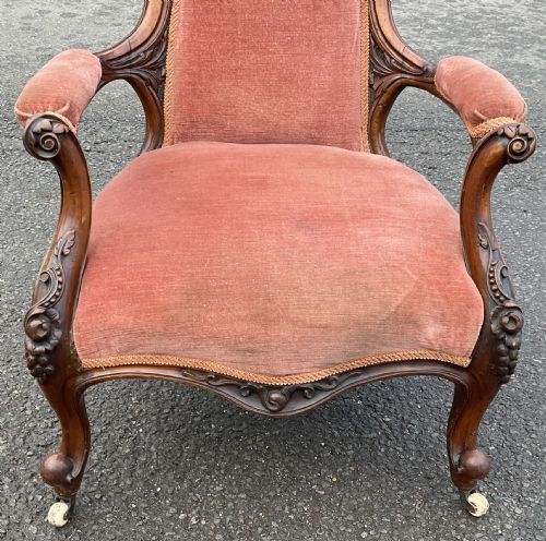 VICTORIAN WALNUT FRAMED FIRESIDE ARMCHAIR - ADDITIONAL PHOTO 3