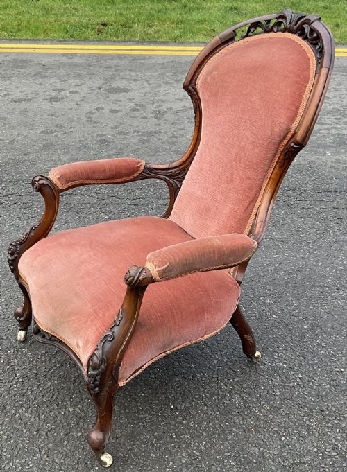 VICTORIAN WALNUT FRAMED FIRESIDE ARMCHAIR - ADDITIONAL PHOTO 4