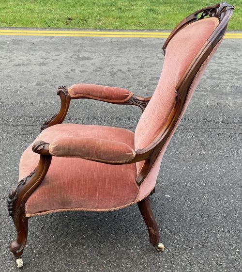 VICTORIAN WALNUT FRAMED FIRESIDE ARMCHAIR - ADDITIONAL PHOTO 5