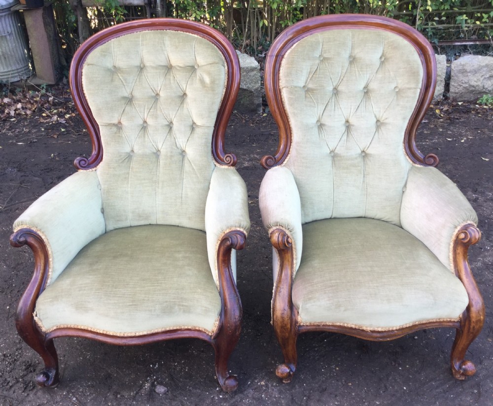 Pair Victorian Mahogany Fireside Armchairs 