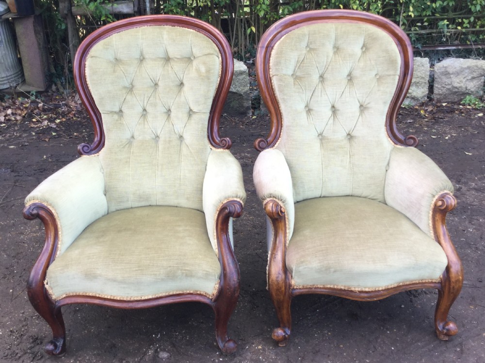 Pair Victorian Mahogany Fireside Armchairs  View V