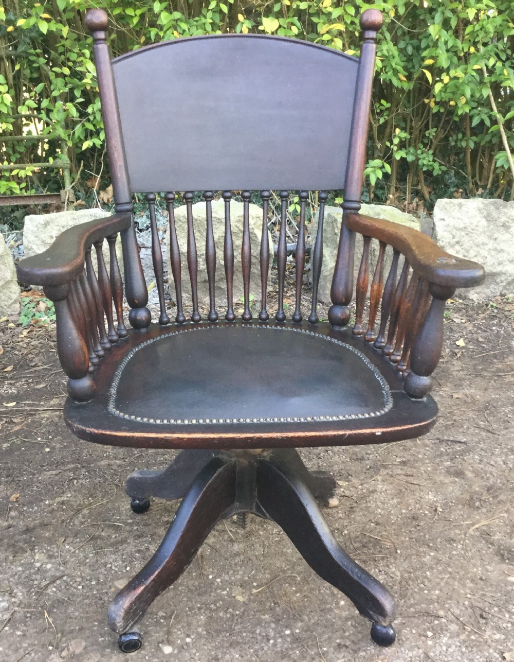 Edwardian Oak Swivel Office Reclining Armchair