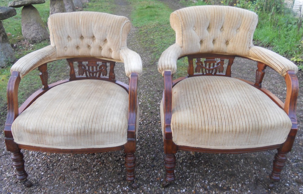 Pair Edwardian Mahogany Framed Upholstered Tub Armchairs