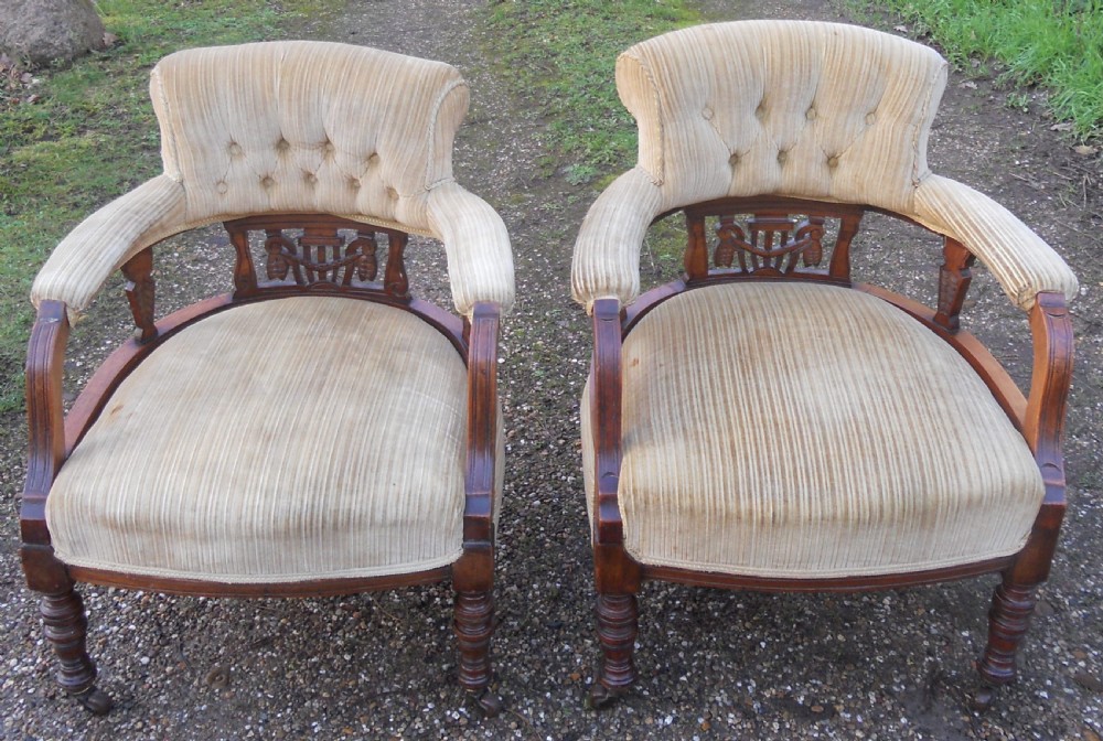 Pair Edwardian Mahogany Framed Upholstered Tub Armchairs View II