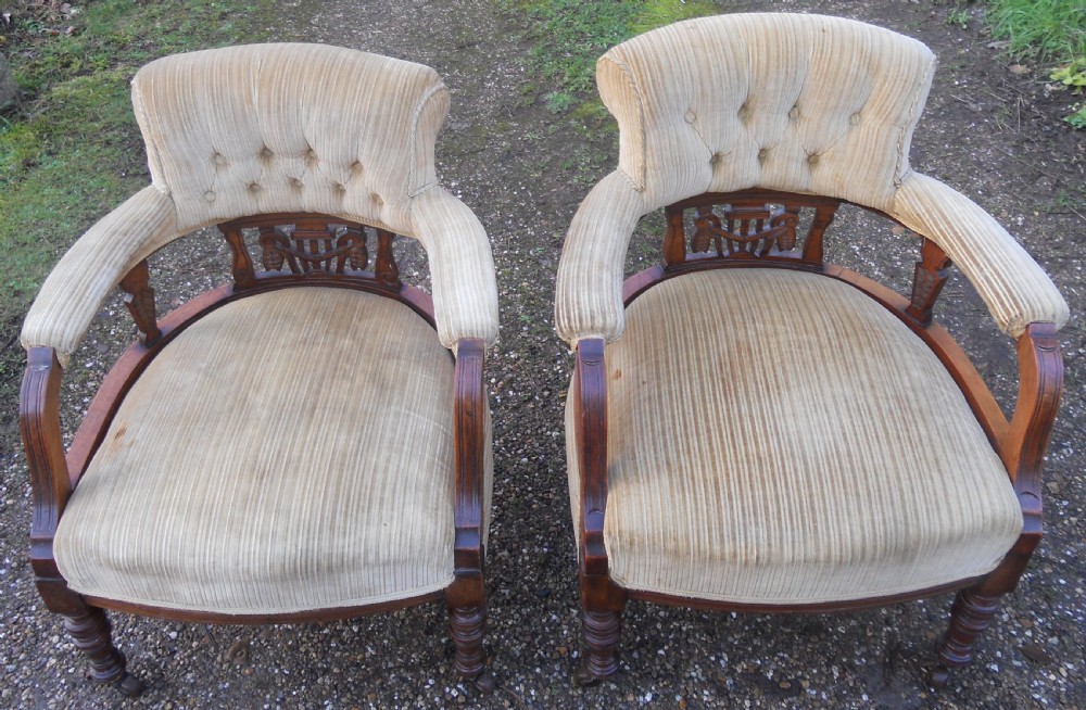 Pair Edwardian Mahogany Framed Upholstered Tub Armchairs View III