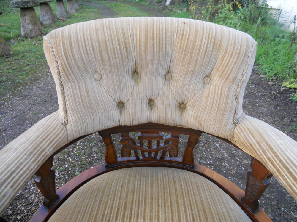 Pair Edwardian Mahogany Framed Upholstered Tub Armchairs View V