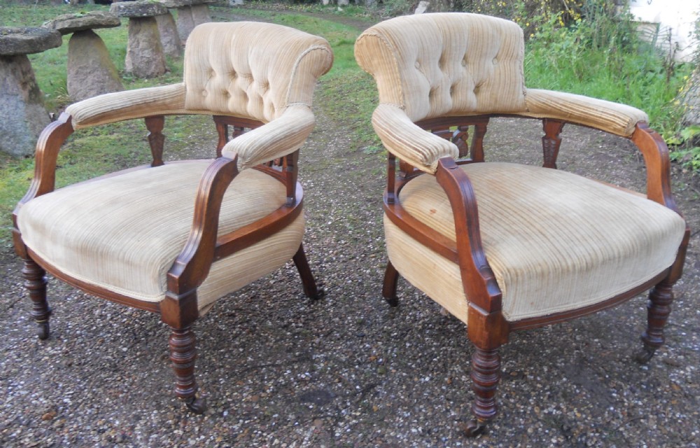 Pair Edwardian Mahogany Framed Upholstered Tub Armchairs View VI
