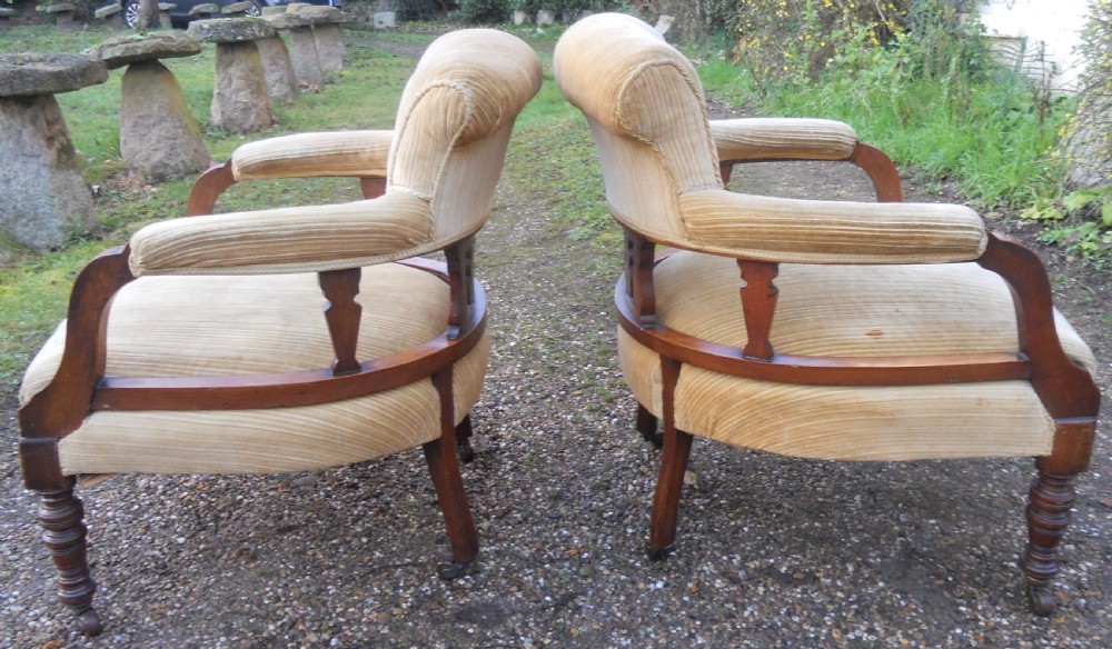 Pair Edwardian Mahogany Framed Upholstered Tub Armchairs View VII