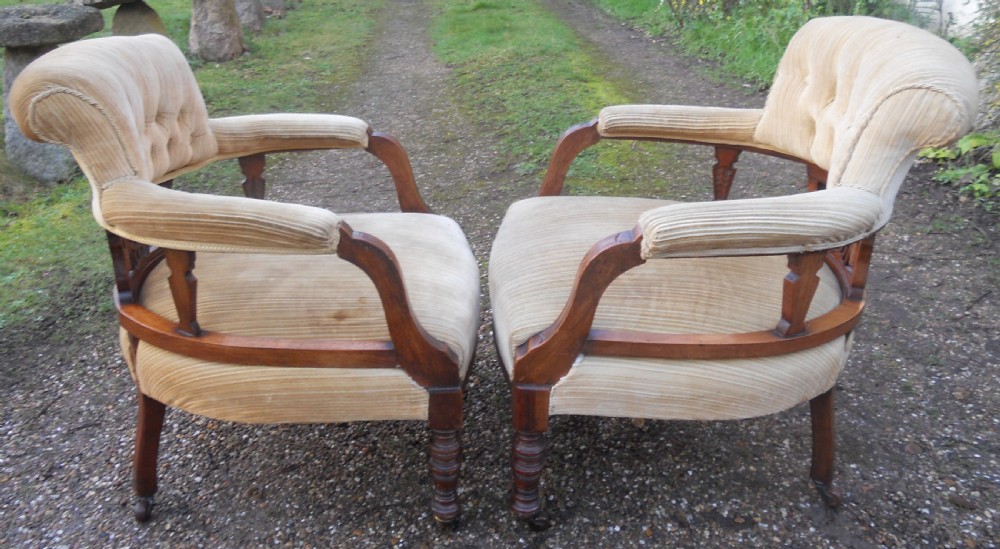 Pair Edwardian Mahogany Framed Upholstered Tub Armchairs View VIII