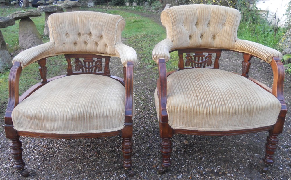 Pair Edwardian Mahogany Framed Upholstered Tub Armchairs View IX
