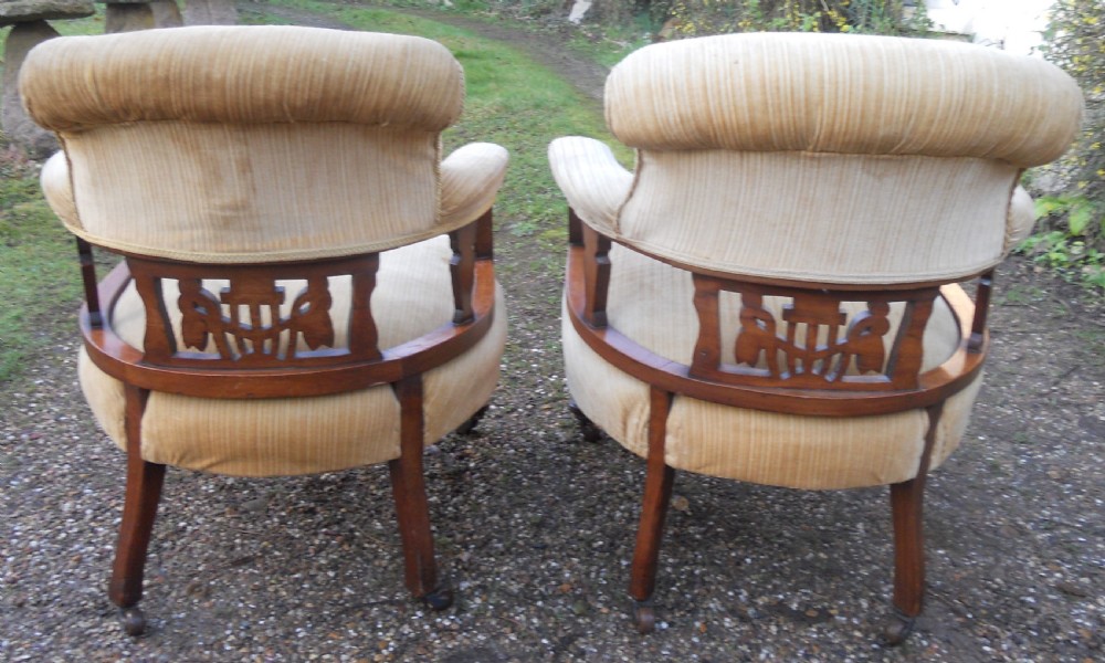 Pair Edwardian Mahogany Framed Upholstered Tub Armchairs View X