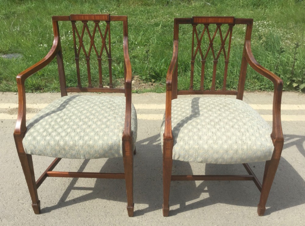 Pair Edwardian Inlaid Mahogany Carver Armchairs 