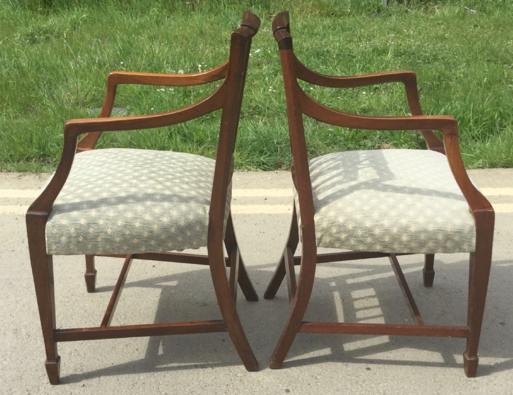 Pair Edwardian Inlaid Mahogany Carver Armchairs  View II