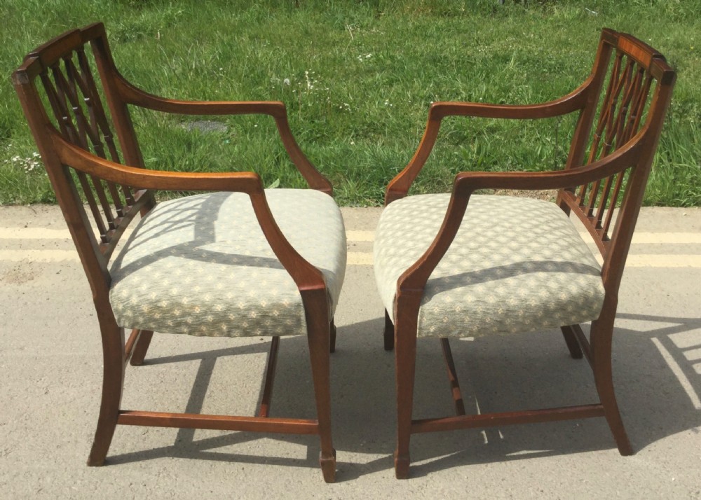 Pair Edwardian Inlaid Mahogany Carver Armchairs  View V